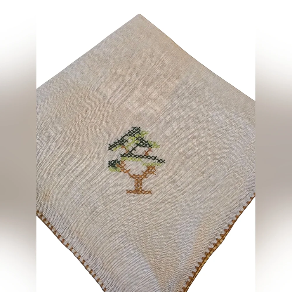 Vintage Handmade Linen Mission Work Tree Image Cocktail Napkins Set Of 3